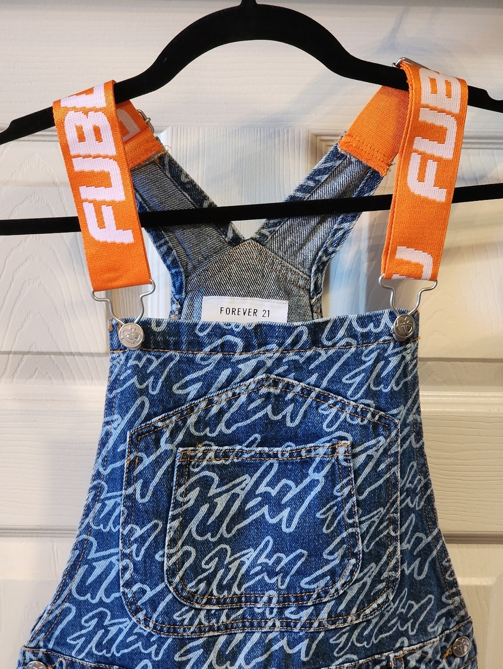 FUBU Denim Logo-Print Overalls with Orange Branded Straps New With Tags